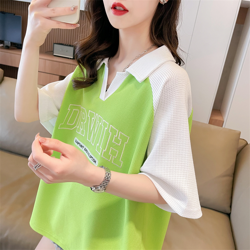 Real shot original quality summer Korean style loose waffle POLO collar label large size short-sleeved T-shirt for women