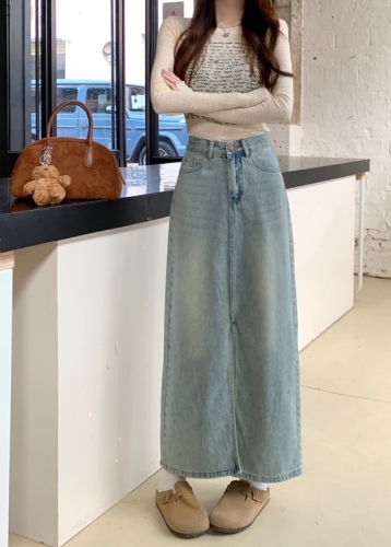 Actual shot #New high-waisted denim skirt for women with design sense front slit A-line mid-length skirt that covers the hips