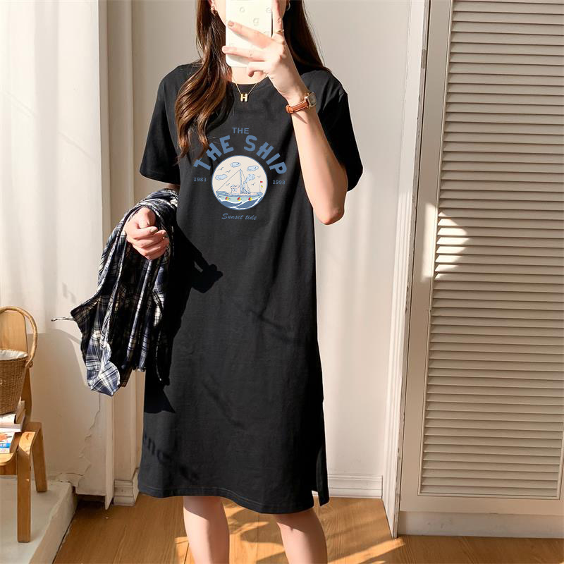 純棉短袖長裙寬鬆休閒過膝t恤裙簡約中長款連衣裙女顯瘦夏季