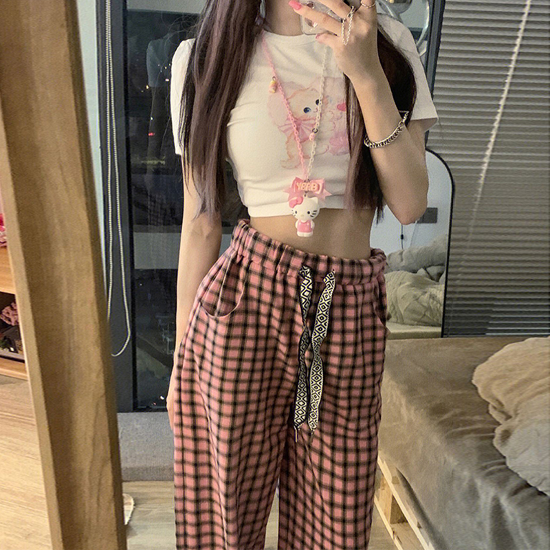 粉色格子褲女夏季薄款高腰垂感寬鬆休閒直筒拖地小個子冰絲闊腿褲