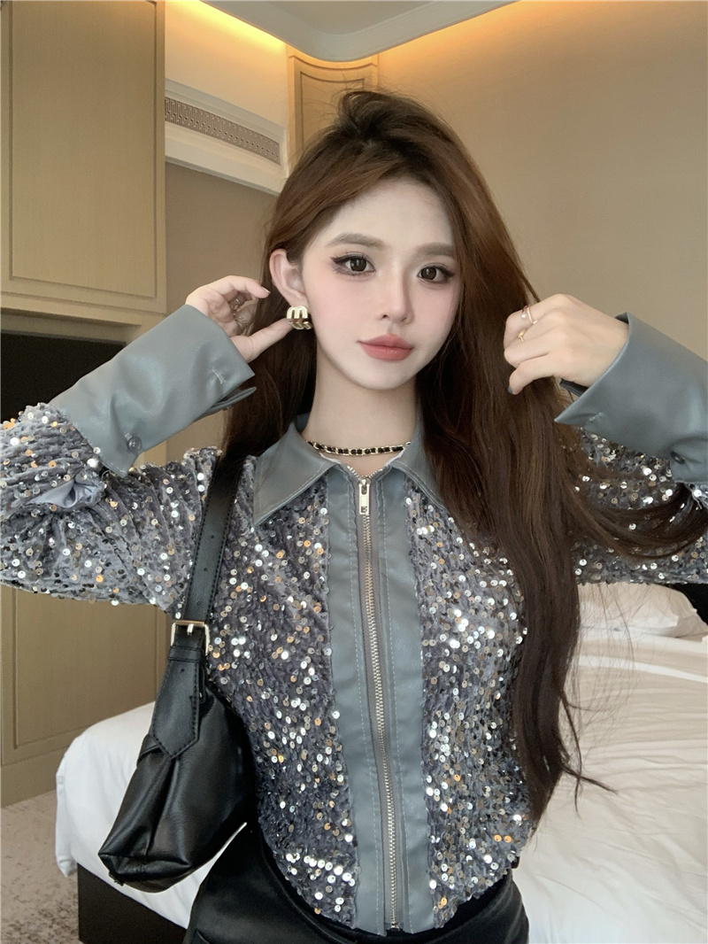 實拍~2024年春季新款PU皮拼接亮片顯瘦辣妹短款拉鏈外套女