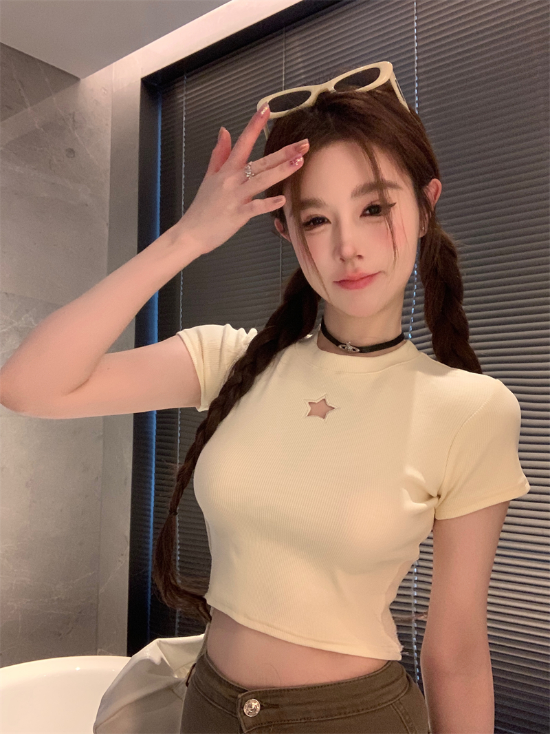 Real shot of hot girl sexy star hollow design short slim fit navel-baring T-shirt top