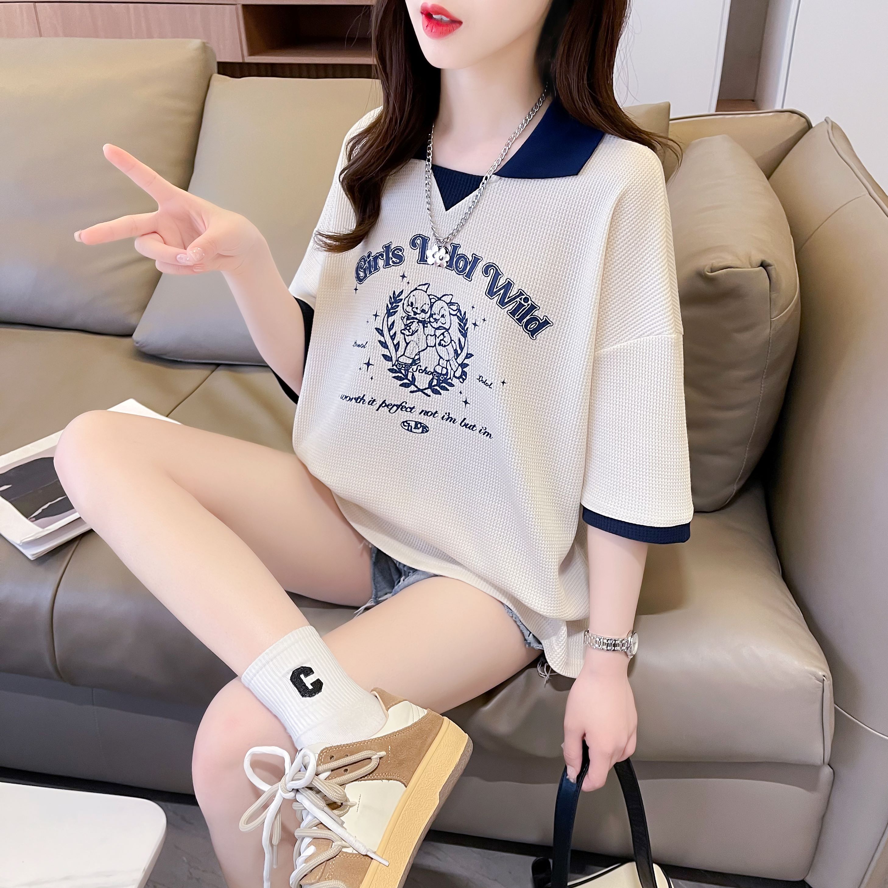 實拍 夏季韓版寬鬆後包領華夫格POLO領卡通印花大碼短袖T恤女
