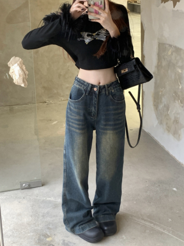 Actual shot of spring loose wide-leg washed blue straight floor-length denim trousers