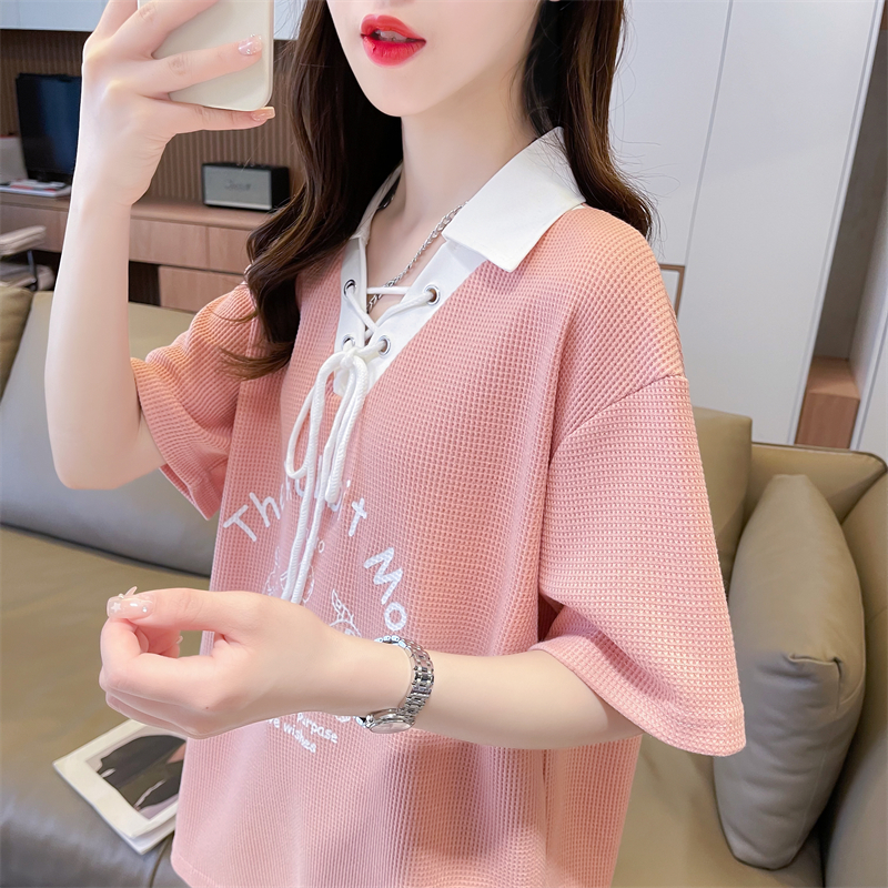 Real shot 2024 summer Korean style loose waffle POLO collar tie cartoon embroidered short-sleeved T-shirt for women