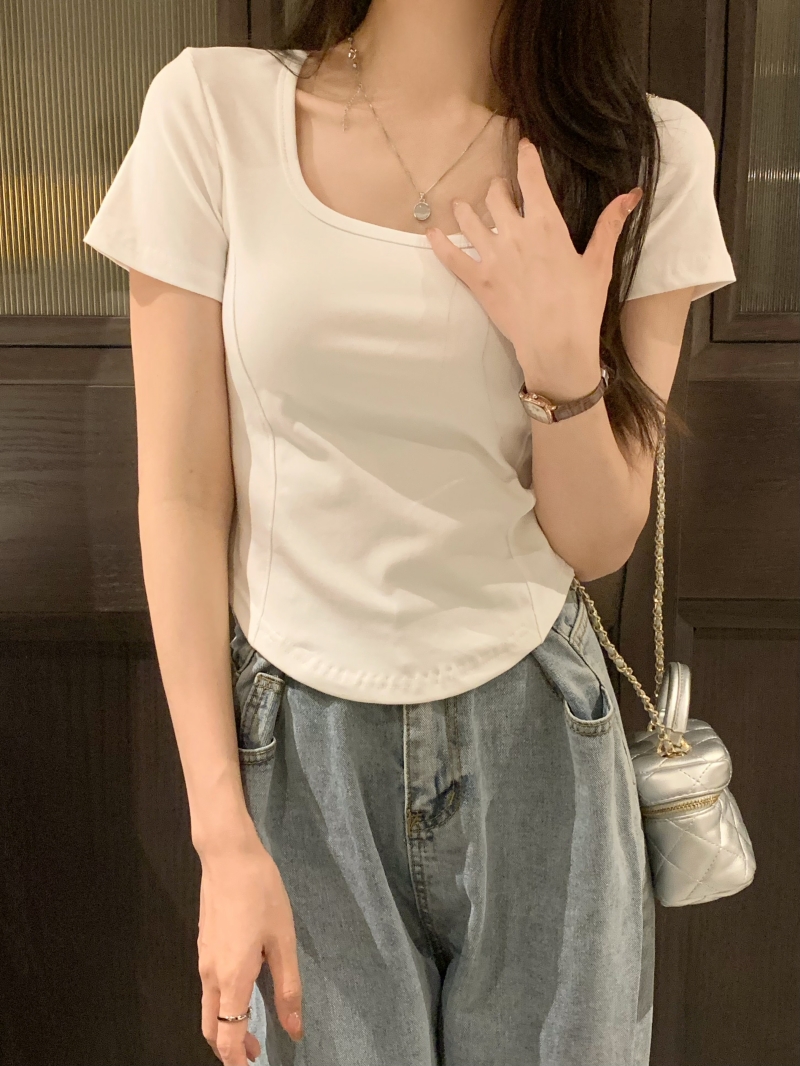 實拍  40支純棉 2024夏裝方領設計感小眾短袖T恤女