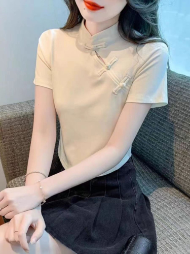 Official photo Summer new Chinese style retro stand-up collar short-sleeved T-shirt gentle temperament sweet and spicy short top