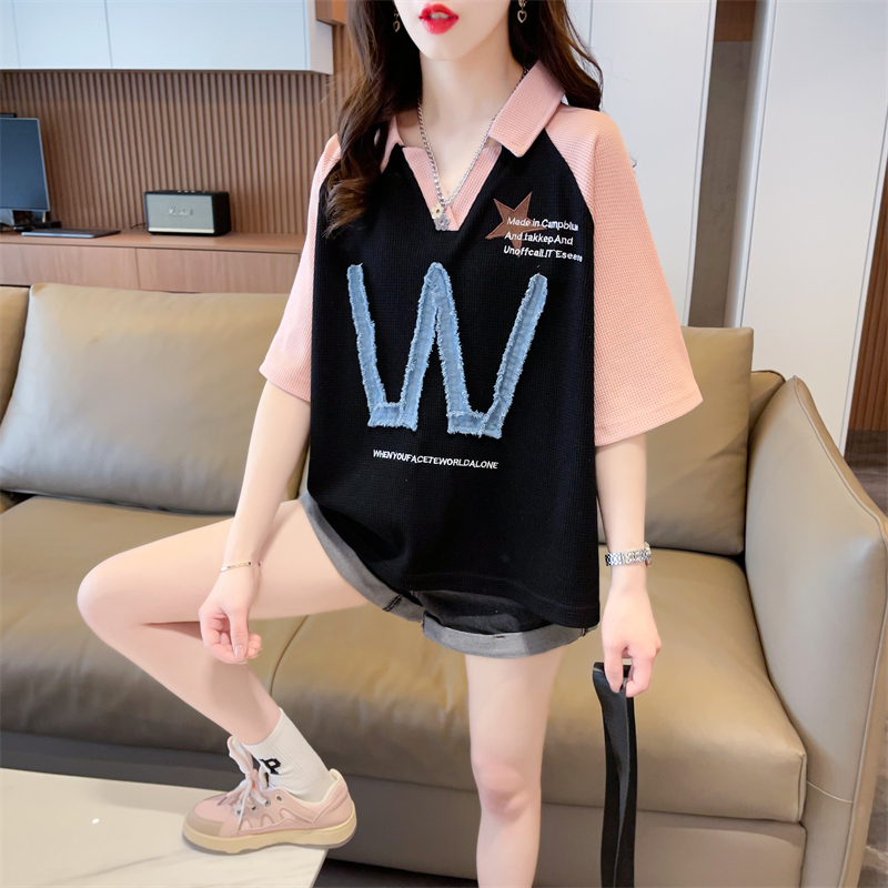實拍 夏季新款韓版寬鬆後包領華夫格Polo領牛仔貼布大碼短袖T恤女