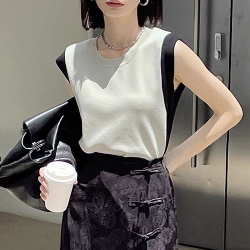 簡約法式精梳棉透氣 撞色百搭慵懶風無袖針織背心女薄內搭上衣夏