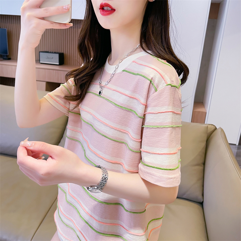 Actual shot of 2024 summer Korean style loose cotton back wrap collar round neck striped mid-length large size short-sleeved T-shirt for women