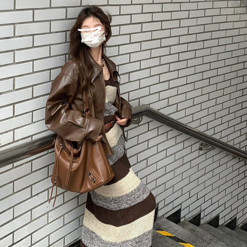 針織條紋吊帶連衣裙子女2024年早春春新款高級感打底內搭背心長裙