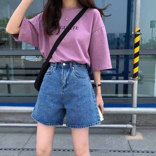 Real shot 2024 new Korean style simple two-color denim shorts high-waisted wide-leg pants without belt