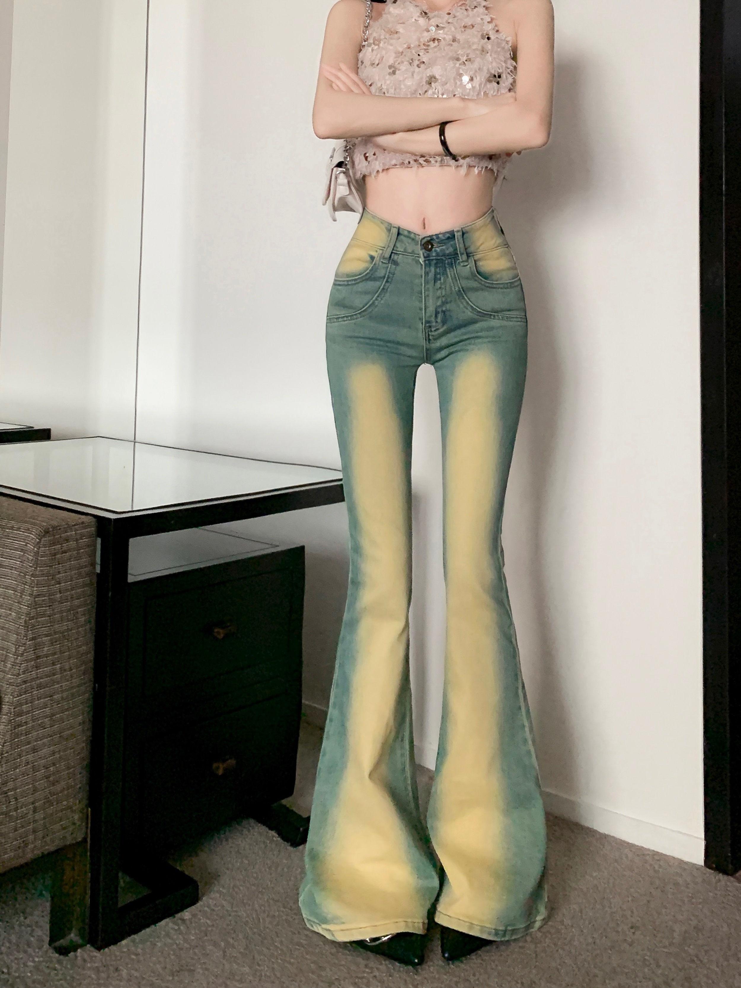 實拍 復古漸變色微喇叭牛仔褲女春夏提臀高腰拖地馬蹄長褲