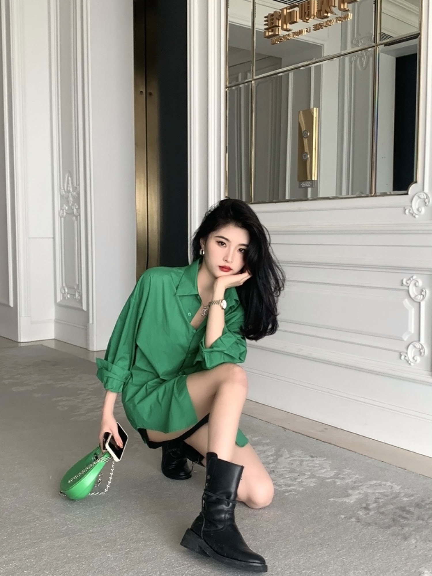 韓版炸街西服外套女春季內搭疊穿休閒復古長袖綠色襯衫洋氣時尚