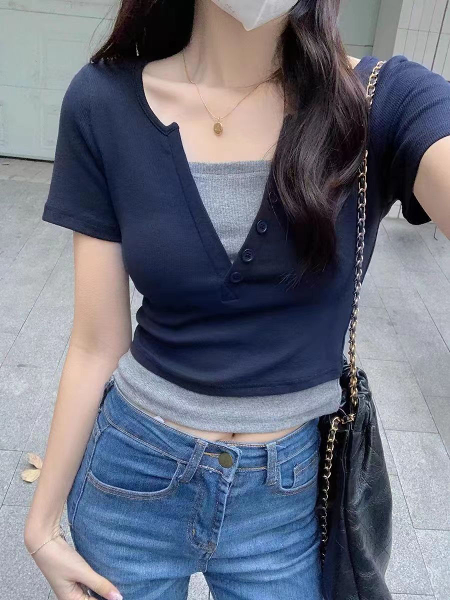 Official Picture 260 Customized Summer New Slim Fit Hot Girl Right Shoulder Short Sleeve Fake Two Pieces
