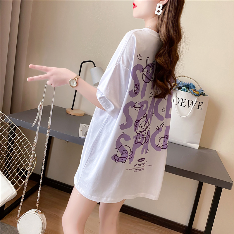Actual shot of new summer Korean style round neck letter printed mid-length large size short-sleeved T-shirt for women