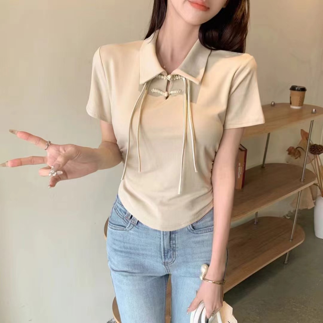 復古盤扣短袖t恤女夏季設計感小眾修身顯瘦弧形下擺翻領正肩上衣