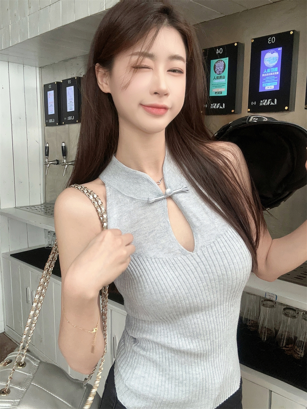 實拍~ 新中式國風立領盤扣鏤空短款修身顯瘦針織小背心