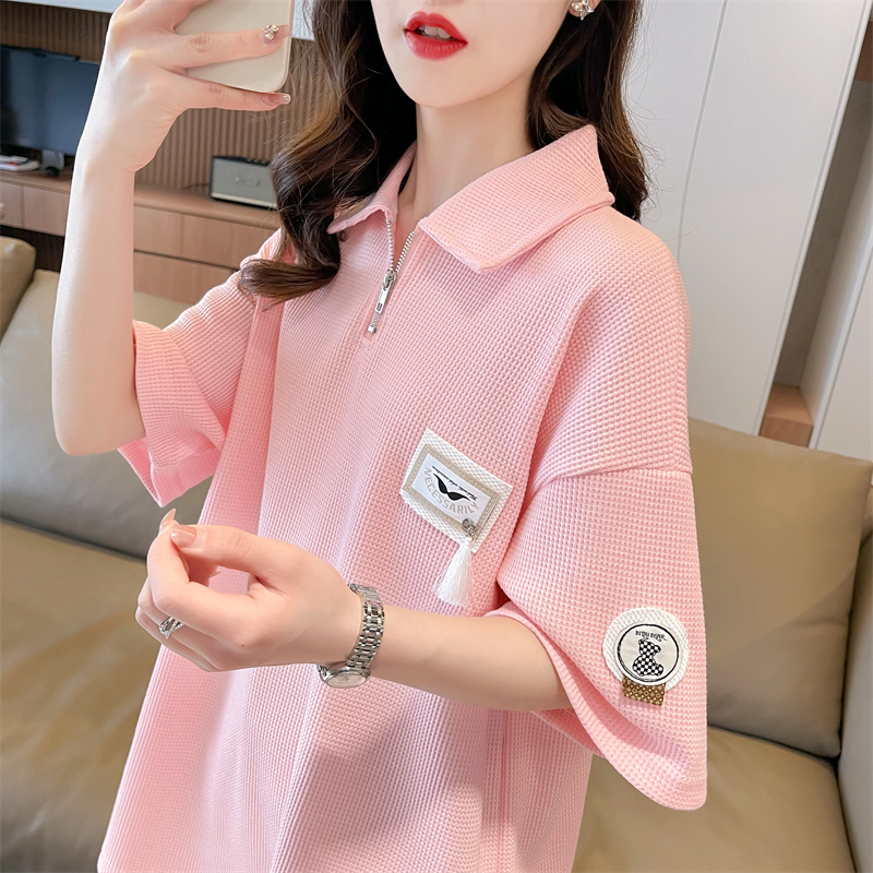 實拍 原版質量夏裝韓版寬鬆華夫格POLO領半拉鏈貼標短袖T恤女
