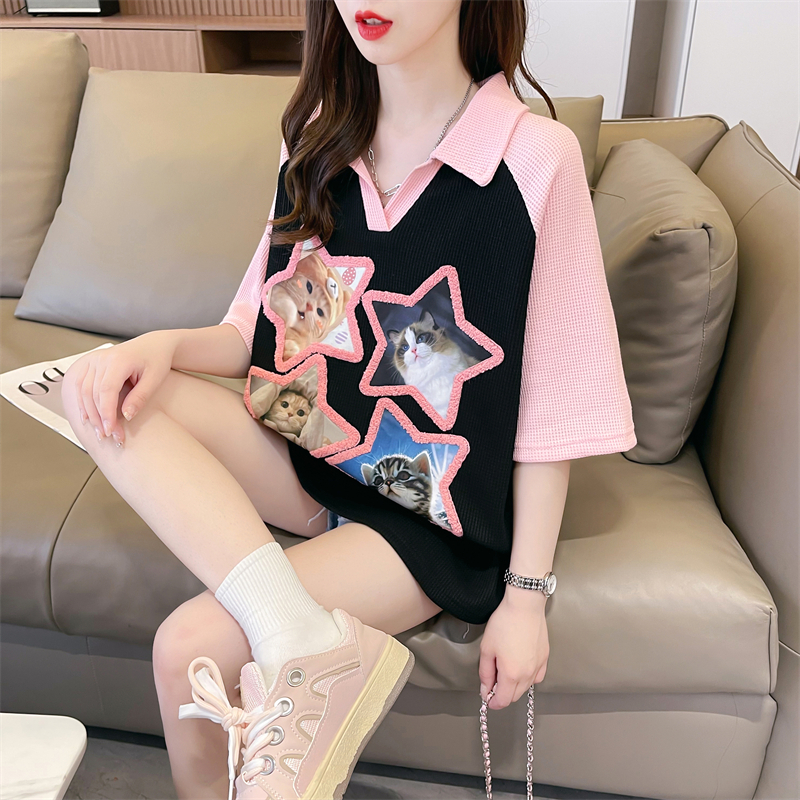 Actual shot of 2024 summer Korean style loose waffle POLO collar cartoon print large size short-sleeved T-shirt for women