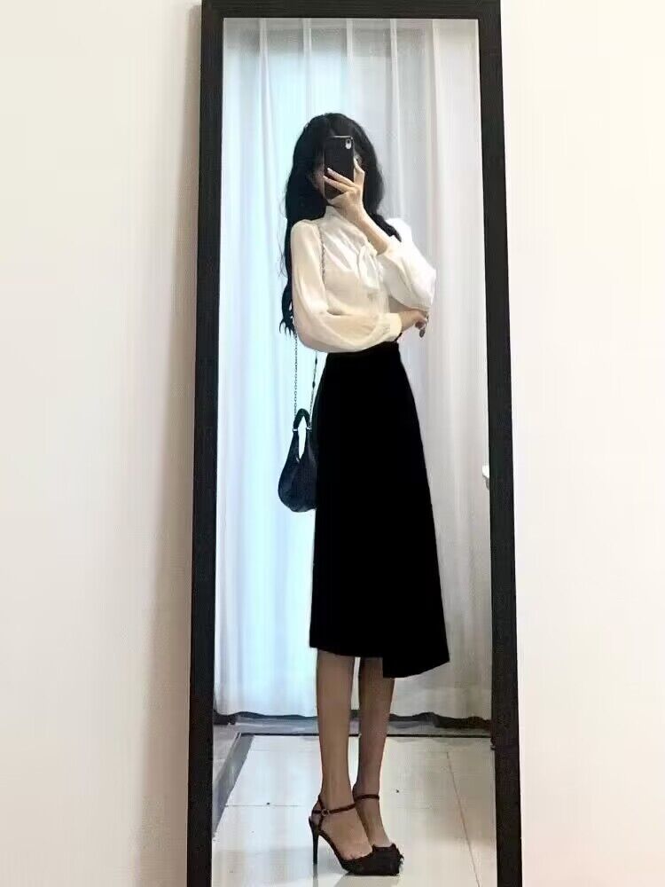 輕熟風通勤職業套裝韓系小香風蝴蝶結設計感襯衫+氣質修身半身裙