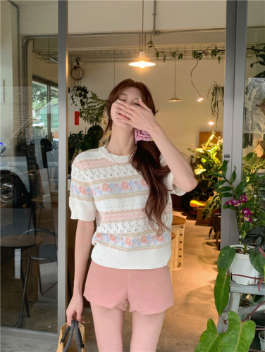 Actual shot~Spring new style~2024 new French round neck hollow sweet jacquard short-sleeved sweater