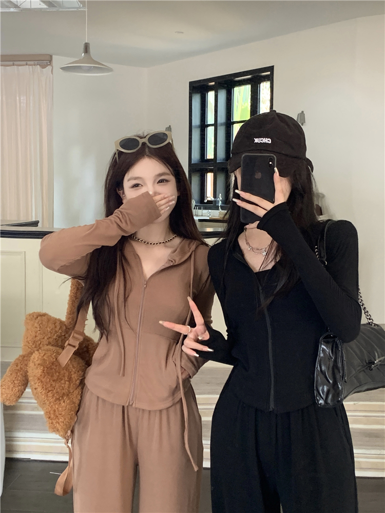 實拍~軟糯連帽系帶外套上衣長褲弧形下擺氣質套裝女