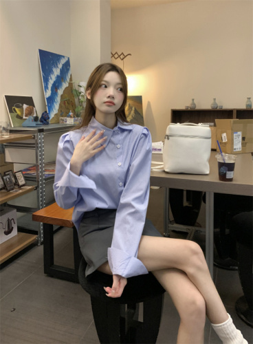 Actual shot ~ blue French striped puff sleeve shirt for women in spring and autumn design niche high-end long sleeve