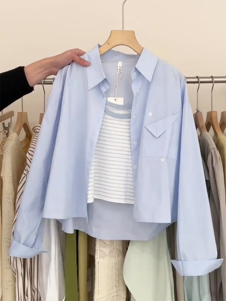 Blue short long-sleeved shirt for women, spring and autumn design, niche sun protection clothing, cardigan, top for small people