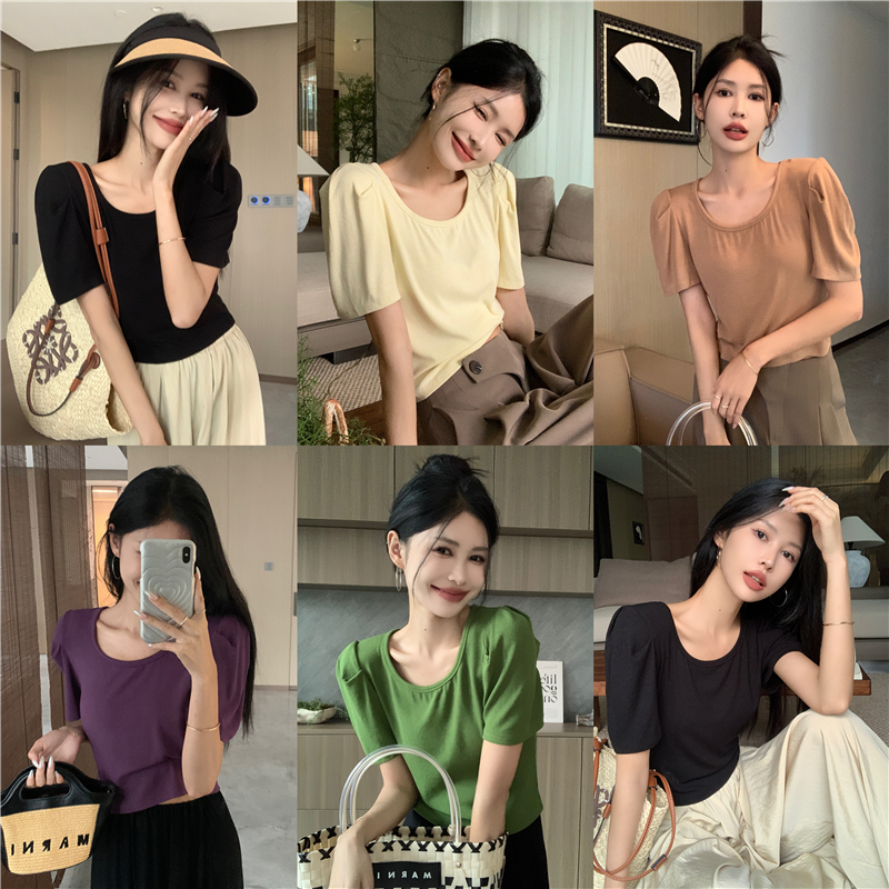 Actual shot ~ Chic puff sleeve top, short-sleeved T-shirt, women’s basic summer versatile top