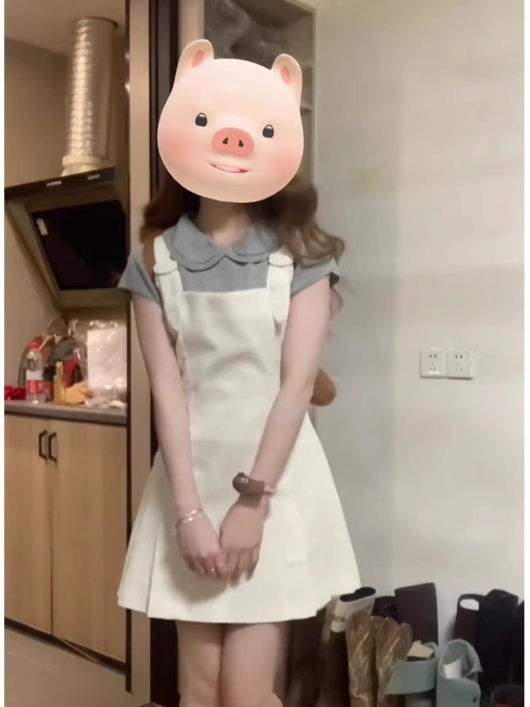 夏季新款小個子穿搭灰色短袖上衣背帶連衣裙減齡清純甜美兩件套裝