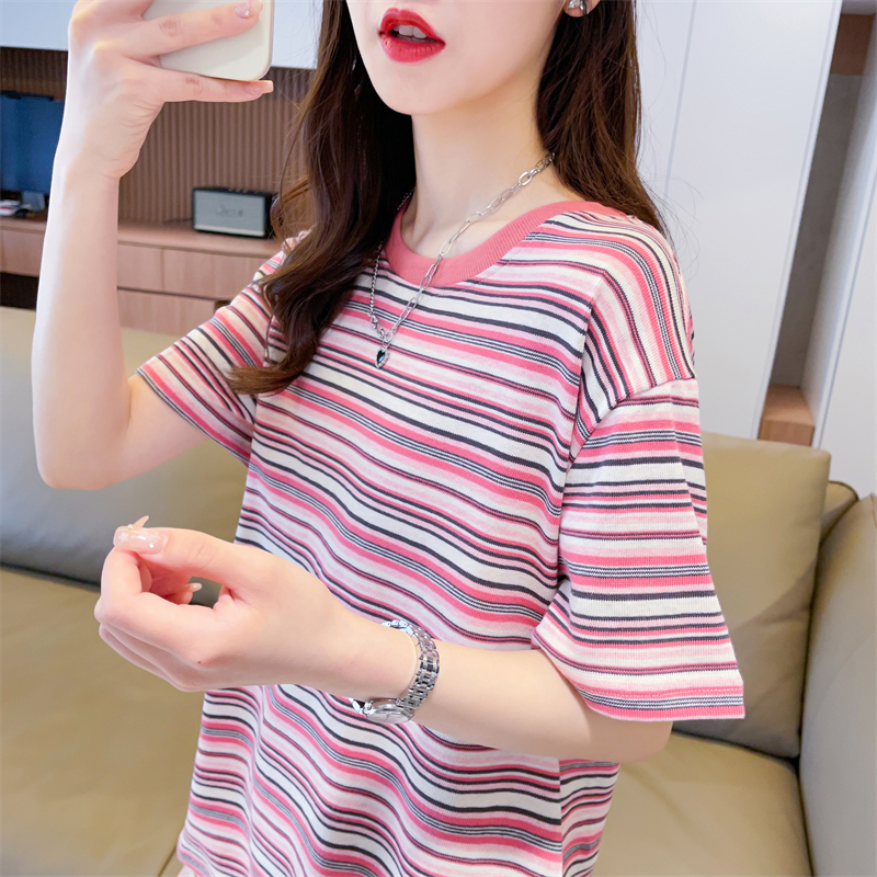 Actual shot of 2024 summer Korean style loose cotton back wrap collar round neck striped large size short-sleeved T-shirt for women