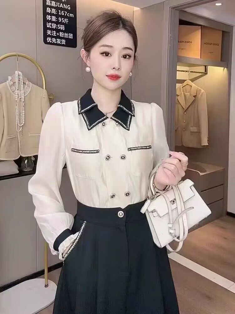 氣質時尚套裝女2024秋季新款法式輕奢氣質撞色襯衫洋氣半裙兩件套