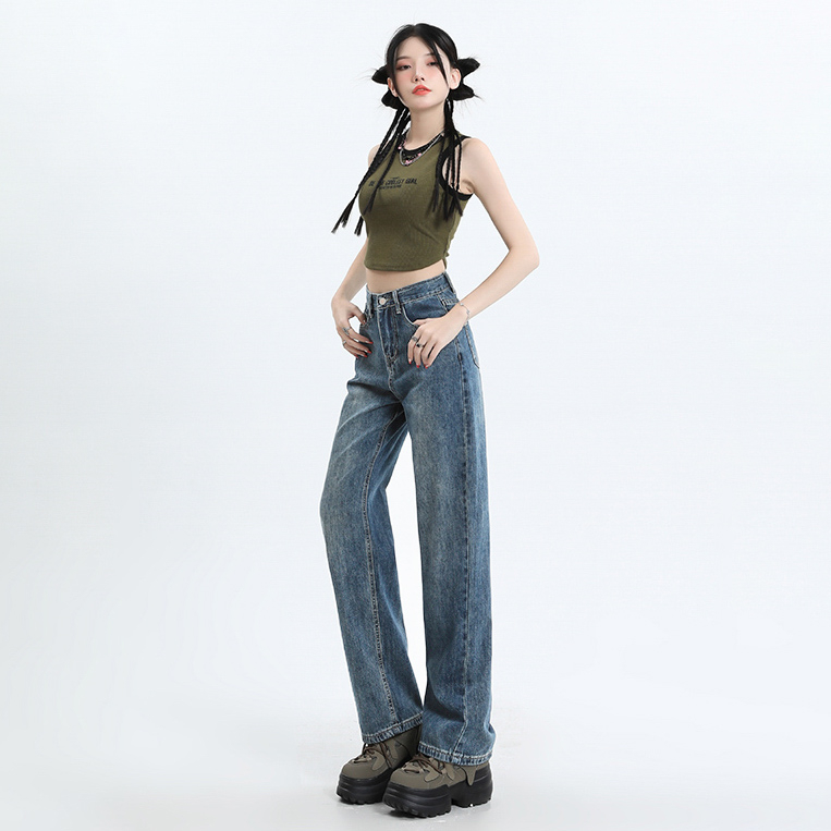 寬鬆百搭休閒闊腿牛仔褲女2024新款春秋小個子高腰顯瘦復古拖地褲