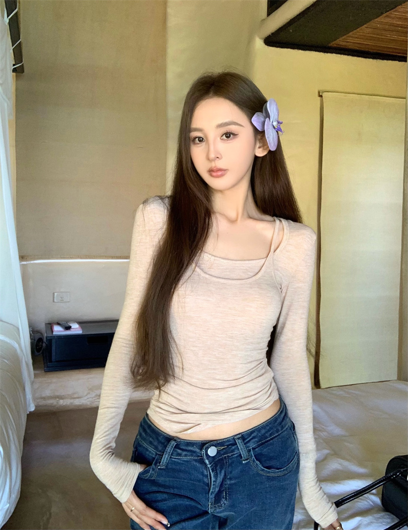 Real shot fashion ~ retro lazy slim slim suspender T-shirt two-piece suit