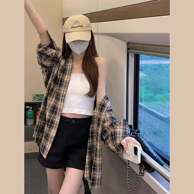 格子襯衫外套女春秋新款夏季薄款設計感小眾長袖上衣防曬襯衣
