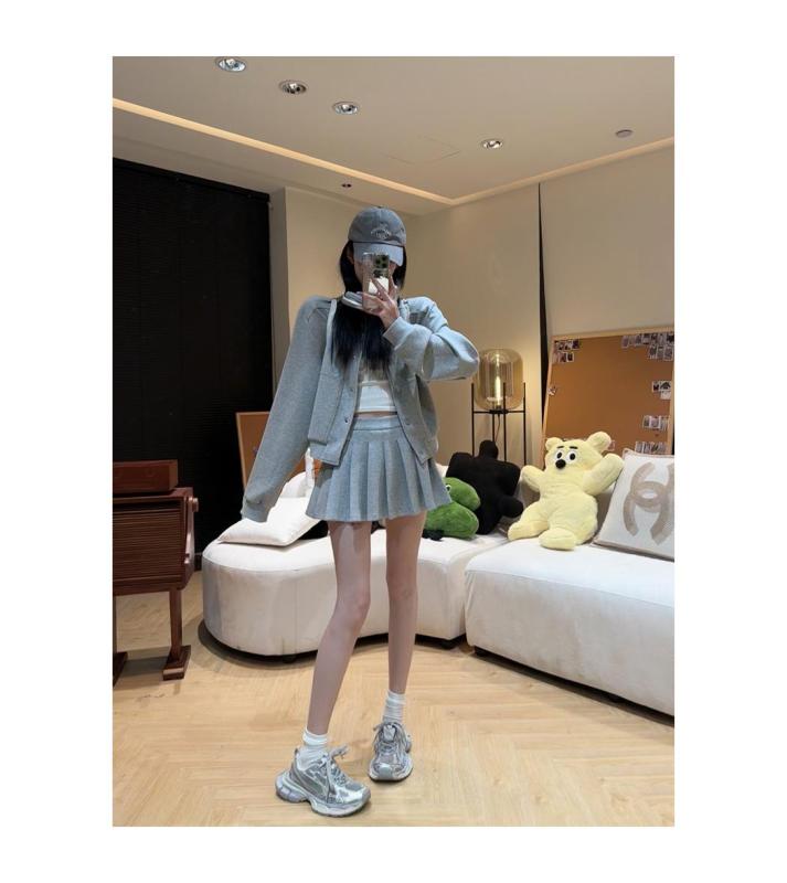 孫妍新款衛衣套裝美式寬鬆夾克休閒衛衣+高腰百褶裙顯瘦套裝