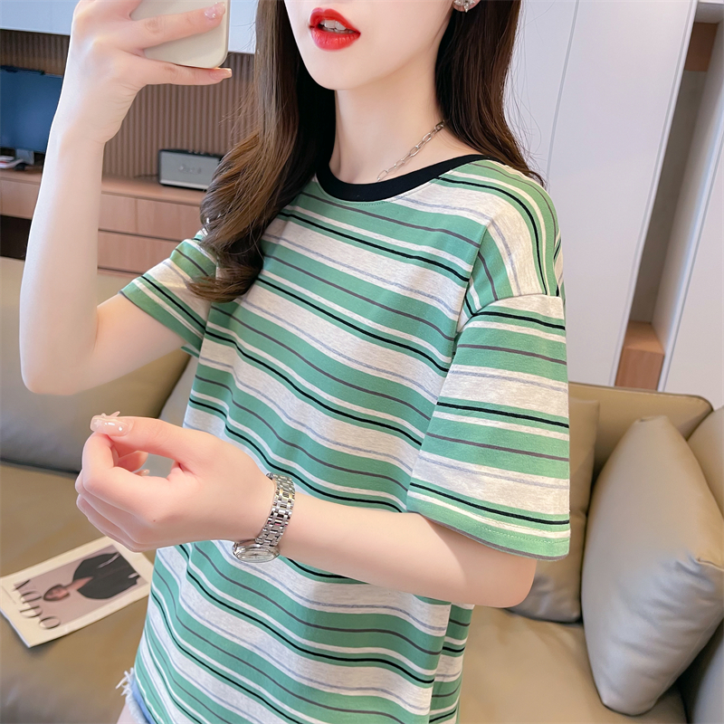 Real shot summer Korean style loose cotton back wrap collar round neck striped cartoon embroidery large size short-sleeved T-shirt for women