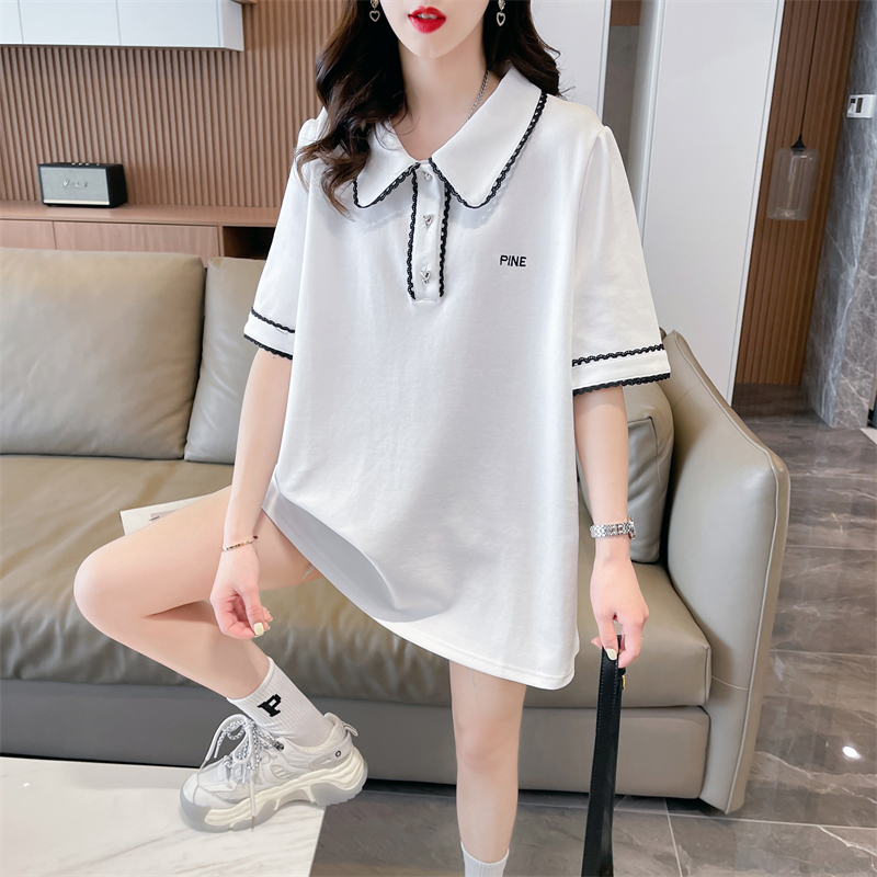 實拍 夏季新款韓版寬鬆6535後包領花邊POLO領中長款大碼短袖T恤女