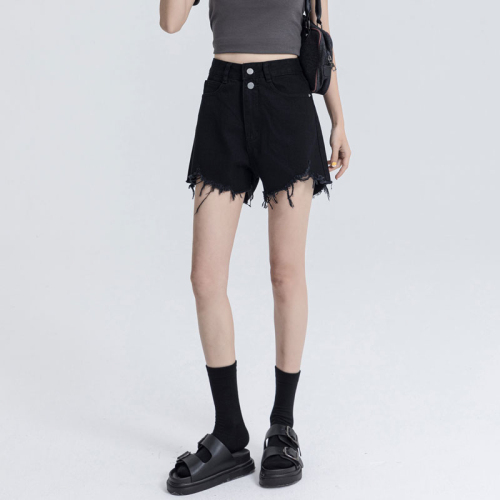 Black double-button shorts for women ins style hot girl ripped a-line summer fat mm raw edges high waist wide leg denim hot pants