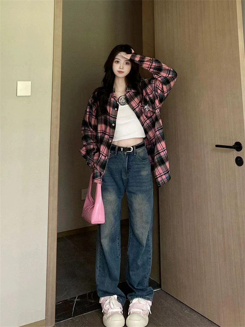 American retro sweet cool plaid long-sleeved shirt for women spring and autumn 2024 new design niche loose shirt jacket