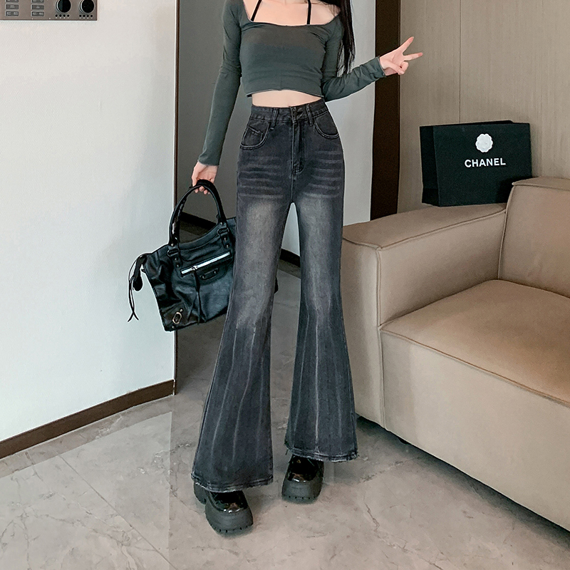實拍設計感復古水洗微喇褲牛仔褲女2024春季高腰顯瘦馬蹄褲長褲子