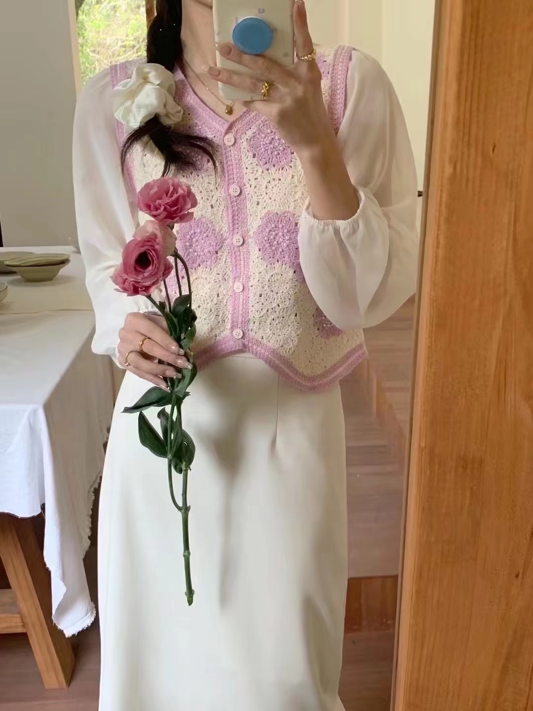 針織衫女春季新款鈎花拼接假兩件開衫甜美花朵長袖襯衫上衣潮
