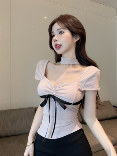 Real shot of pink strappy bow short-sleeved early spring pure desire contrasting color slimming top for women