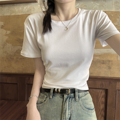 Real shot of right shoulder t-shirt for women summer Korean chic short white short-sleeved slim fit shirt top