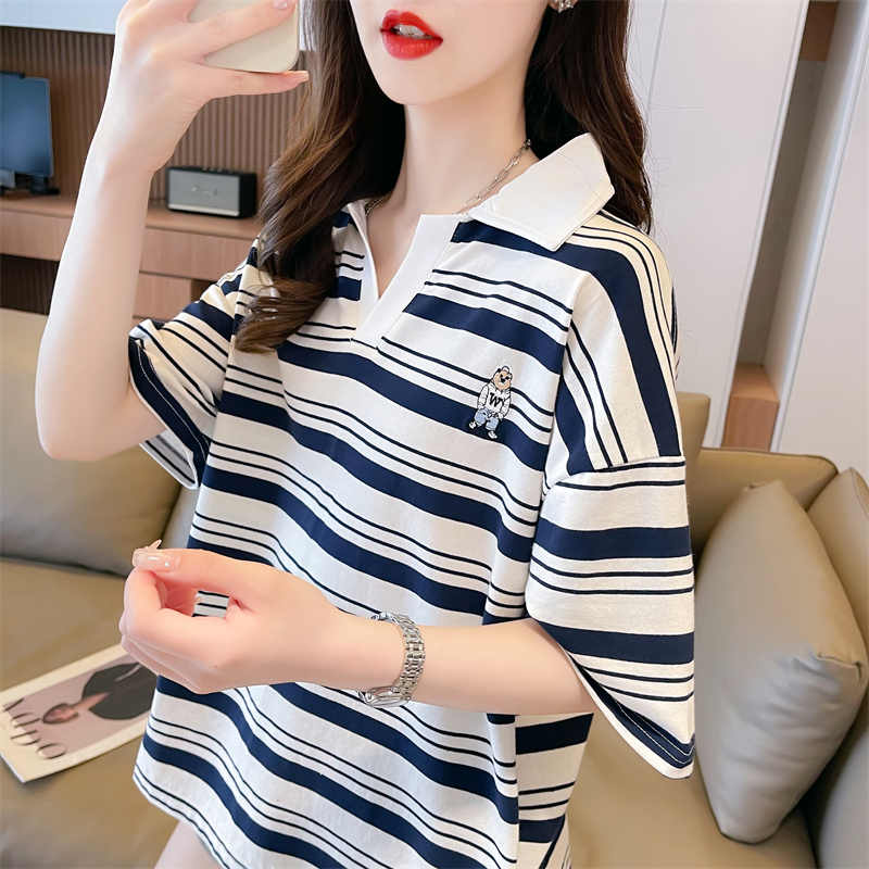 Real shot 2024 summer Korean style loose cotton POLO collar striped cartoon embroidery large size short-sleeved T-shirt for women