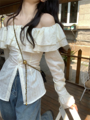 Actual shot of Time Elf ruffled waist chiffon one-shoulder Korean shirt