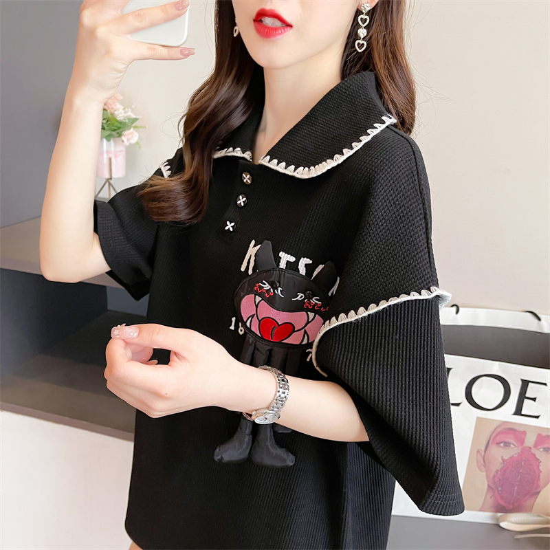 Actual shot of 2024 summer Korean style loose POLO collar waffle three-dimensional cartoon print short-sleeved T-shirt for women