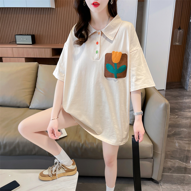 實拍 夏季新款韓版寬鬆後包領6535刺繡中長款大碼短袖T恤女