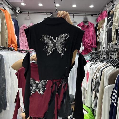 With sleeves - Korean style Pure Desire Slim Short Hot Girl T-shirt niche half turtleneck butterfly embroidered sweater top